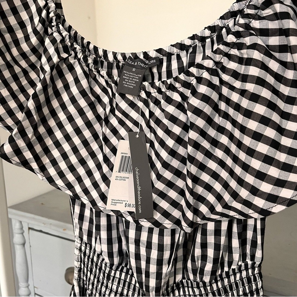 NWT Chelsea & Theodore Black & White Gingham Off the Shoulder Midi Peasant Dress - Picture 7 of 8
